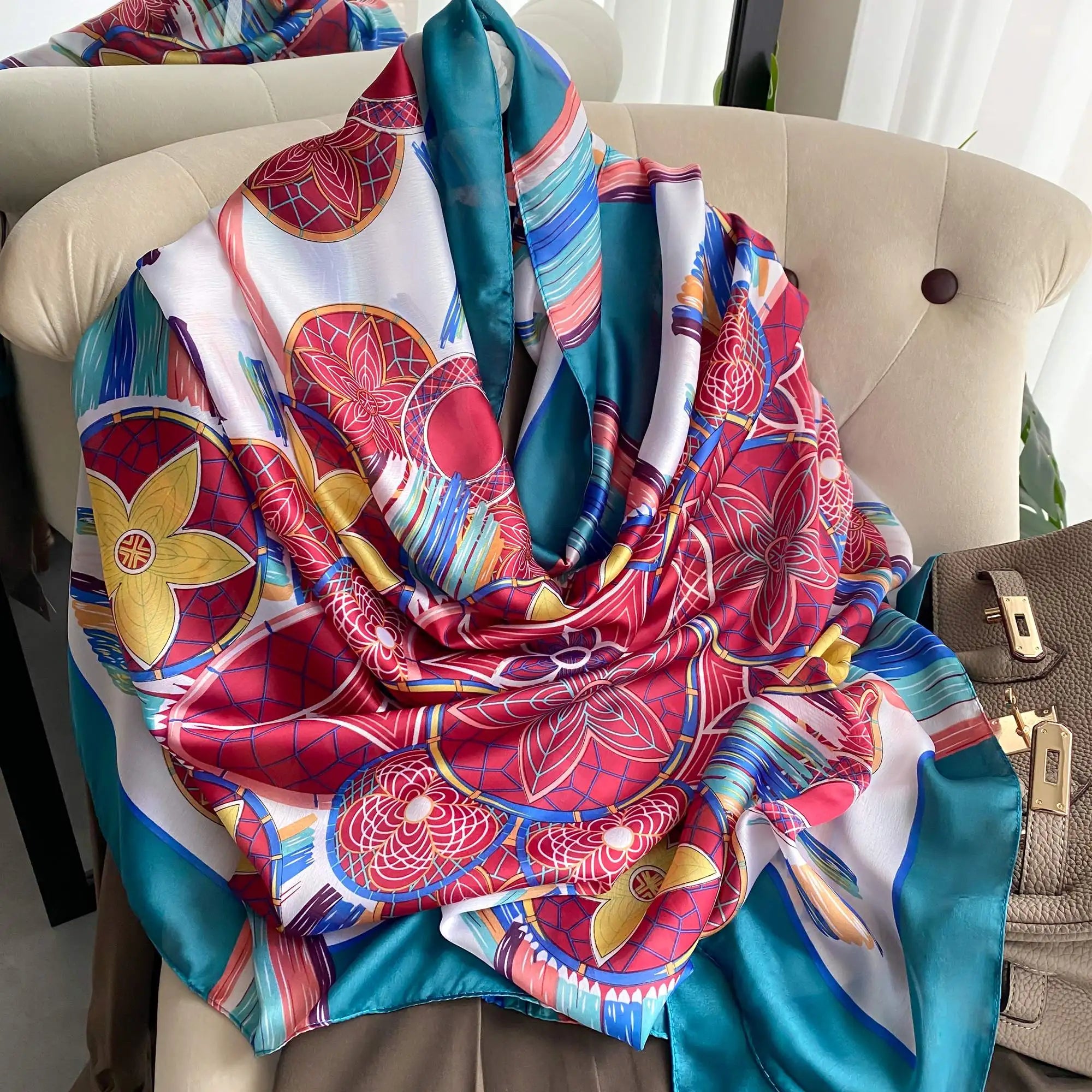 Châle "RED STAR " effet soie à motifs