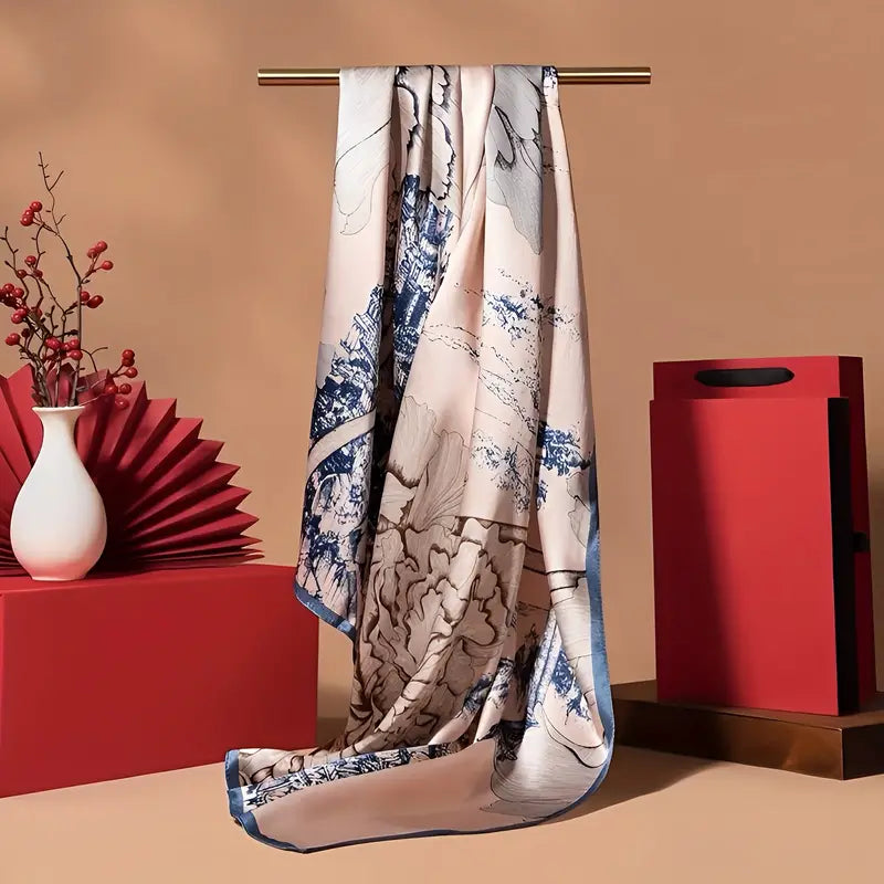 Châle "BLUE ART" effet soie à motifs